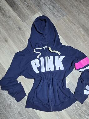PINK Victoria's Secret  Navy Zip-Up Lounge Hoodie with Pink Accent 9/2016 LARGE